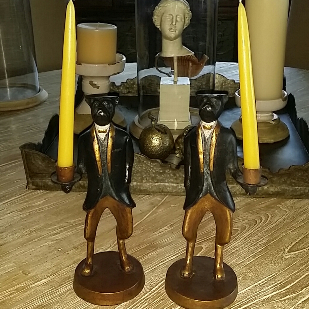 Vintage Standing Butler Dogs Iron Candle Holders !